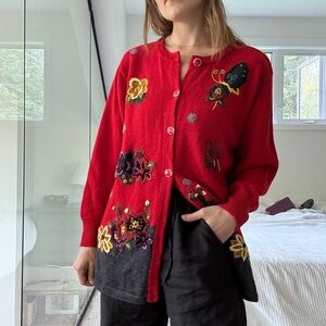 Vintage wool blend Red Floral Embroidered Sweater cardigan medium to large